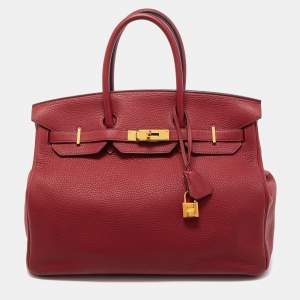 Hermes Rouge Grenat Clemence Leather Gold Finish Birkin 35 Bag