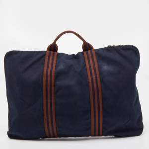 Hermes Navy Blue/Brown Canvas Fourre Tout Briefcase Bag