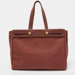 Hermes Maroon Vache Leather and Canvas Herbag Cabas MM Tote