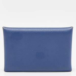 Pre Owned Hermes Deep Bleu Chevre Mysore Leather Calvi Card Holder
