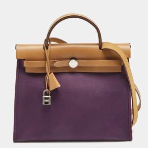 Pre Owned Hermes Natural/Violet Canvas and Leather Herbag Zip 31 Bag