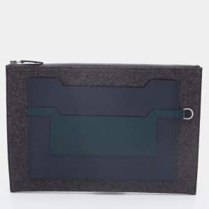 Hermes Paris Grey/Blue Obscurs/Ver Anglais Wool and Epsom Leather Colorblock Toodoo Pouch