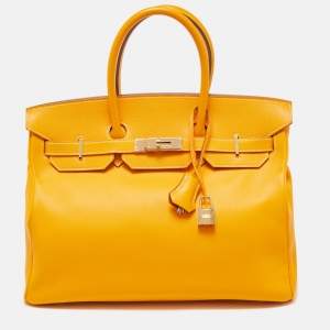 Hermes Jaune D' Or Epsom Leather Gold Finish Birkin 35 Bag