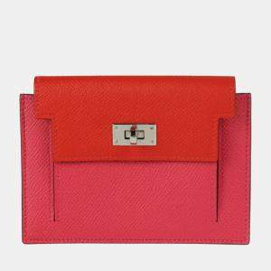 Pre Owned Hermes Kelly Pocket Compact Coin Case Vo Epsom Pink Red Blue Silver Hardware Purse Y Engraved