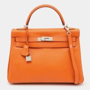 Hermes Orange Taurillion Clemence Leather Palladium Finish Kelly Retourne 32 Bag