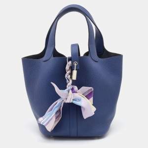Hermes Blue Agate Taurillion Clemence Leather Picotin Lock 18 Bag