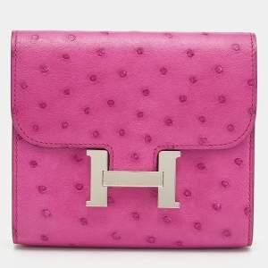 Pre Owned Hermes Rose Pourpre Ostrich Constance Compact Wallet