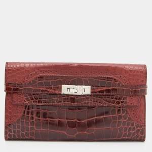 Hermes Rouge H Alligator Palladium Finish Kelly Ghillies Wallet