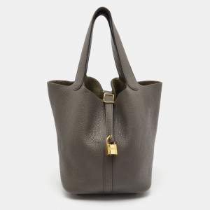 Hermes Etoupe Taurillon Clemence Leather Picotin Lock 22 Bag