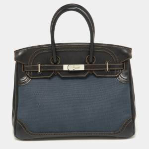 Hermes Black Denim Fonce Toile/Evercalf Leather Palladium Finish Birkin 35 Ghillies Bag