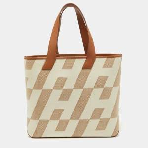 Pre Owned Hermes Ecru/Gold Canvas and Swift Leather Cabas H En Biais 40 Bag