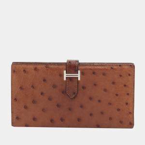 Hermes Bearn Ostrich Wallet Brown Silver Metal fittings