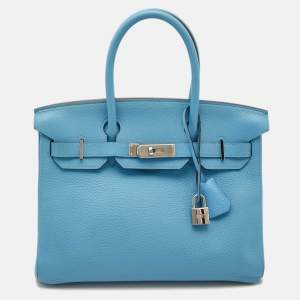 Hermes Celeste Taurillion Clemence Leather Palladium Finish Birkin 30 Bag