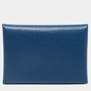 Pre Owned Hermes Deep Blue Chevre Leather Calvi Duo Card Holder