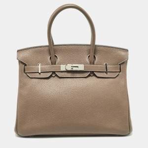 Hermes Etoupe Taurillion Clemence Leather Palladium Finish Birkin 30 Bag