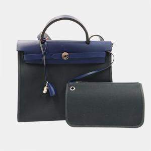 Hermes Black/Blue Canvas and Leather Small Herbag Top Handle Bag