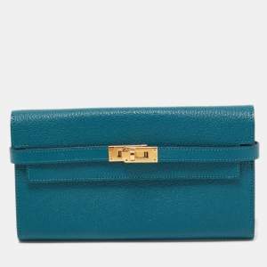 Hermes Vert Bosphore Chevre Leather Kelly Classic Wallet