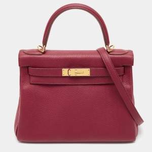 Hermes Rouge Grenat Togo Leather Gold Finish Kelly Retourne 28 Bag