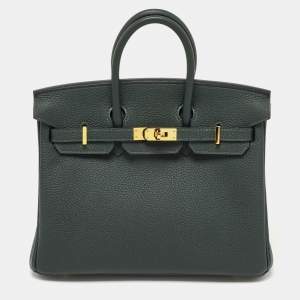 Hermes Vert Rousseau Leather Gold Finish Birkin 25 Bag