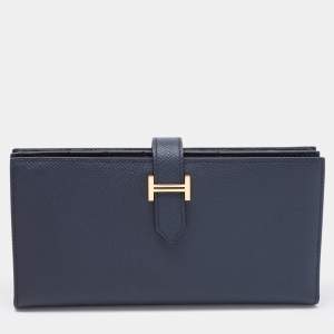 Hermes Bleu Indigo Epsom Leather Gold Finish Bearn Wallet