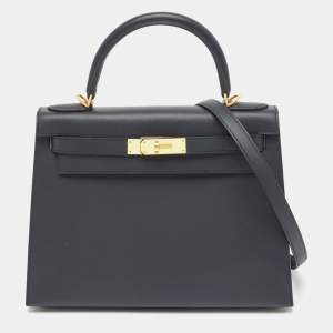 Hermes Bleu Obscure/Rouge H Sombrero Leather Brushed Gold Finish Kelly Sellier 28 Bag