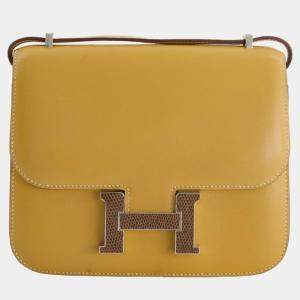 Hermes Mini Constance Bag 18cm in Paille Swift Leather with Palladium and Lizard Hardware