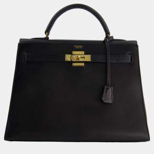 Hermes Vintage Kelly 32cm Bag in Black Natural Peau Porc Leather with Gold Hardware