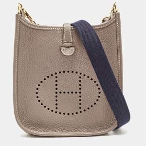 Hermes Etoupe/Bleu Indigo Taurillon Clemence Leather Evelyne TPM Bag