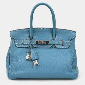 Hermes Handbag Birkin 30 Taurillon Clemence Turquoise Silver Ladies