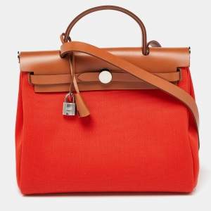 Hermes Orange/Fauve Canvas and Leather Herbag Zip 31 Bag