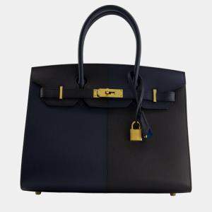 Hermes Birkin Bag 30cm Casaque Sellier Verso in Blue Indigo and Black Epsom Leather with Gold Hardware