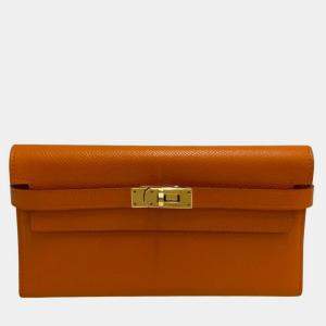 HERMES Kelly Wallet Long Vaux Epson Leather Genuine Orange