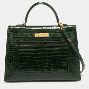 Hermes Vert Fonce Shine Crocodile Porosus Gold Finish Kelly Sellier 35 Bag