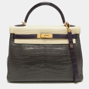 Pre Owned Hermes Graphite/Beton/Amethyst Alligator Mississippiensis Gold Finish Kelly Retourne 32 Bag