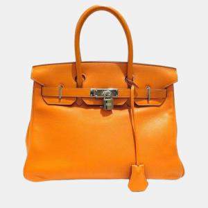 Hermes Orange Clemence Leather Birkin 30 Tote Bag