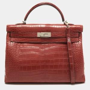 Pre Owned Hermes Rouge H Matte Alligator Mississippiensis Palladium Finish Kelly Retourne 40 Bag