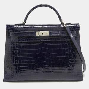 Pre Owned Hermes Bleu Roi Shine Crocodile Porosus Palladium Finish Kelly Sellier 40 Bag