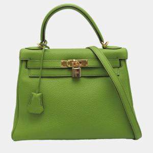 Hermes Green Clemence Leather Kelly 28 Tote Bag