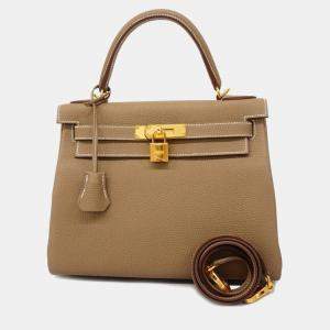 Hermes Togo Etoupe B Engraved Kelly 28 Ladies Handbag