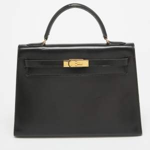 Pre Owned Hermes Noir Box Leather Gold Finish Kelly Sellier 32 Bag