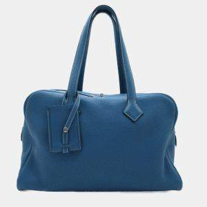Hermes Blue Leather Clemence Victoria 35