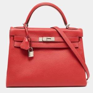 Hermès Rouge Casaque Togo Leather Palladium Finish Kelly Retourne 32 Bag