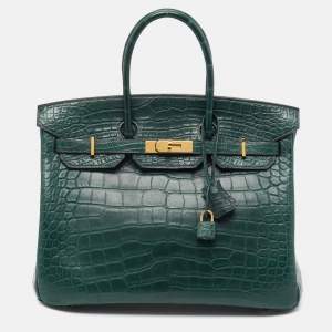 Hermes Vert Fonce Matte Alligator Gold Finish Birkin 35 Bag