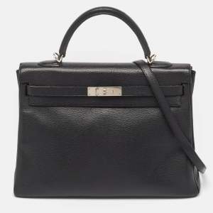 Hermes Noir Togo Leather Palladium Finish Kelly Retourne 35 Bag