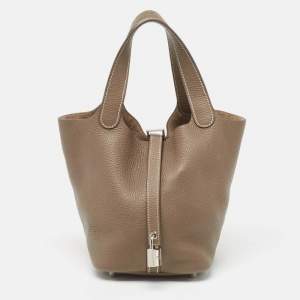 Hermes Etoupe Taurillon Clemence Leather Picotin Lock 18 Bag