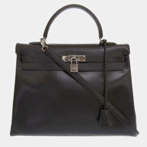 Hermes Black Box Calf Ruthenium Hardware Kelly 35 Handbag