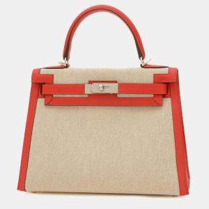 Hermes Ecru Rouge Coeur Toile H Swift Kelly 28 Handbag