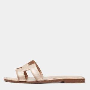 Hermes Metallic Pink Leather Oran Flat Slides Size 38