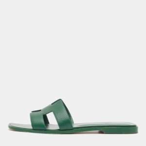 Hermes Green Leather Oran Flat Slides Size 40