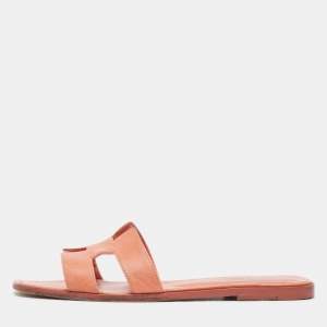Hermes Orange Leather Oran Flat Slides Size 41 